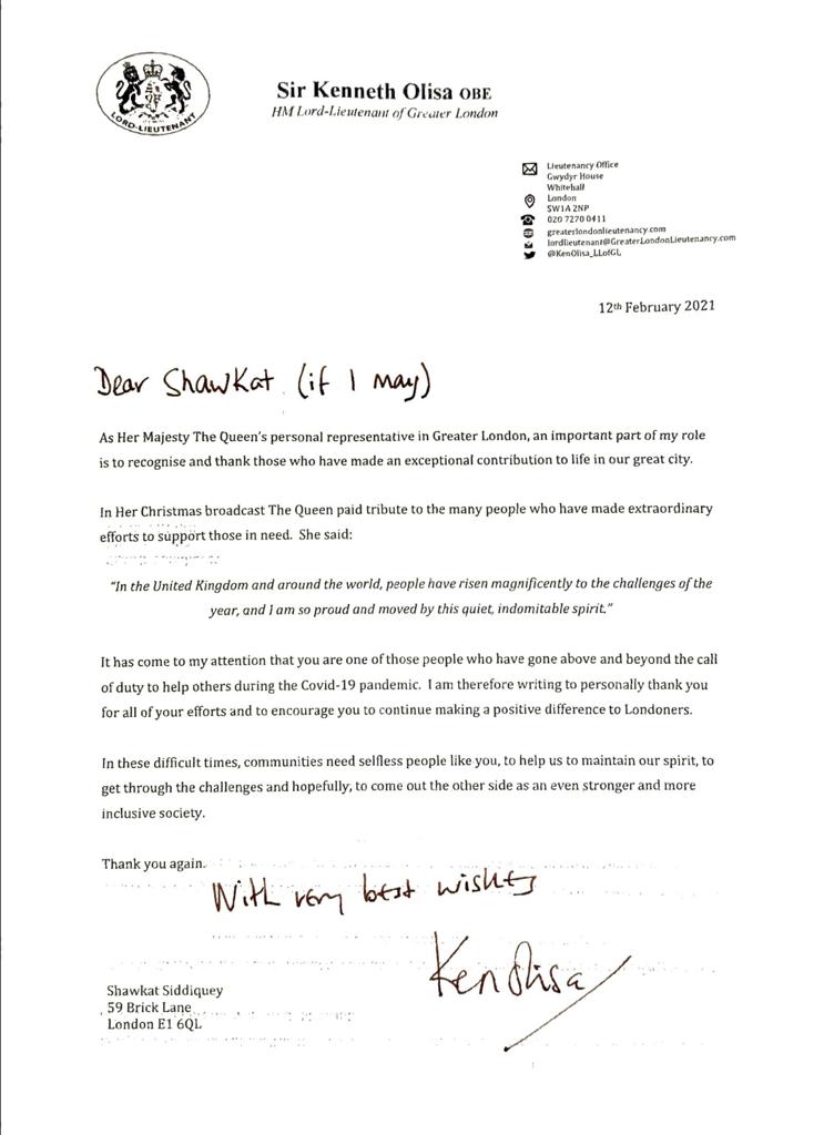 A recognition letter from Sir Kenneth Olisa OBE to Mr Siddiquey 